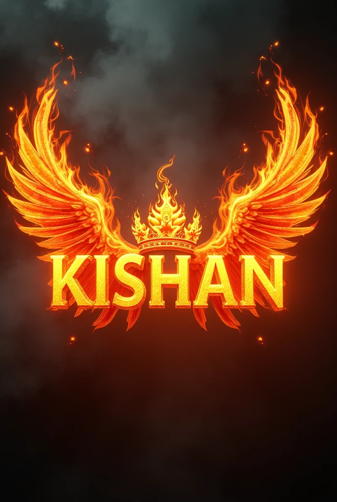 A realistic picture with the name [KISHAN] with an elegant a flaming crown and realistic colors and an flaming angle wings with flame all around and make flame comeing out of the name
 make the name a little bigger 