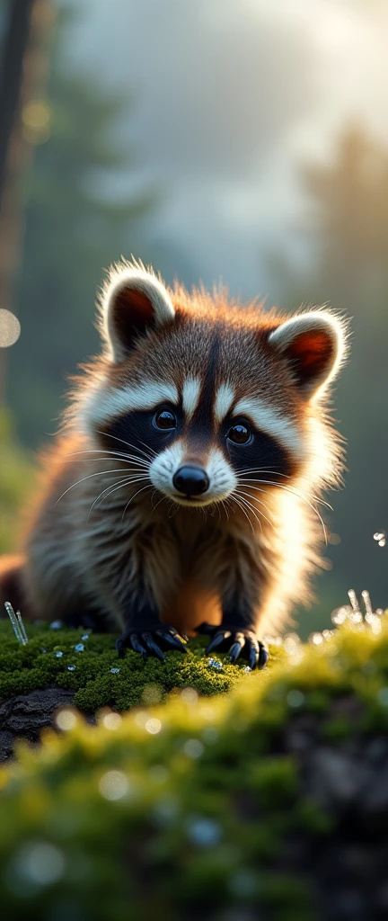captivating photograph of a cute extra fluffy baby realistic raccoon. THUNDER, ICE,