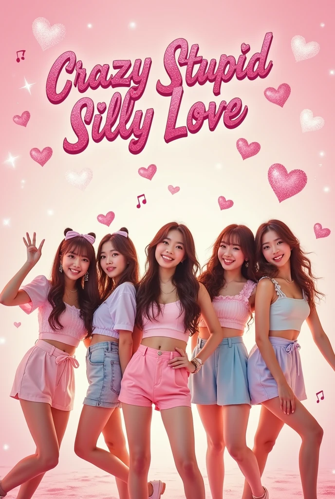 Cover of a song by a kpop group with the name “crazy stupid silly love” on a  pink background with hearts,