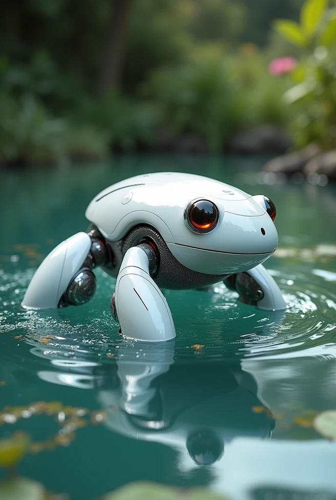An white colored frog robot that eats the water surface garbage and collects the garbage in its belly to tail that is netted, also its four legs are four propellers
