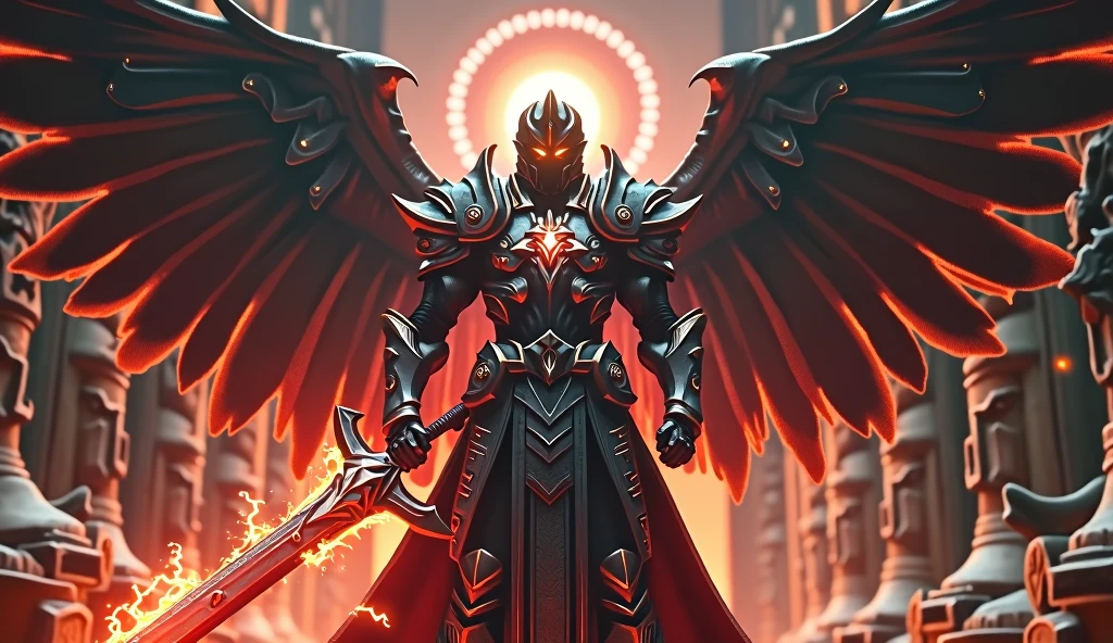 futuristic armored paladin with wings greatsword, dark red flame lightning around him with halo standing in front of temple, ray tracing, anatomically correct, retina, masterpiece, accurate, 8k, UHD, widescreen, glowing eyes, photorealistic