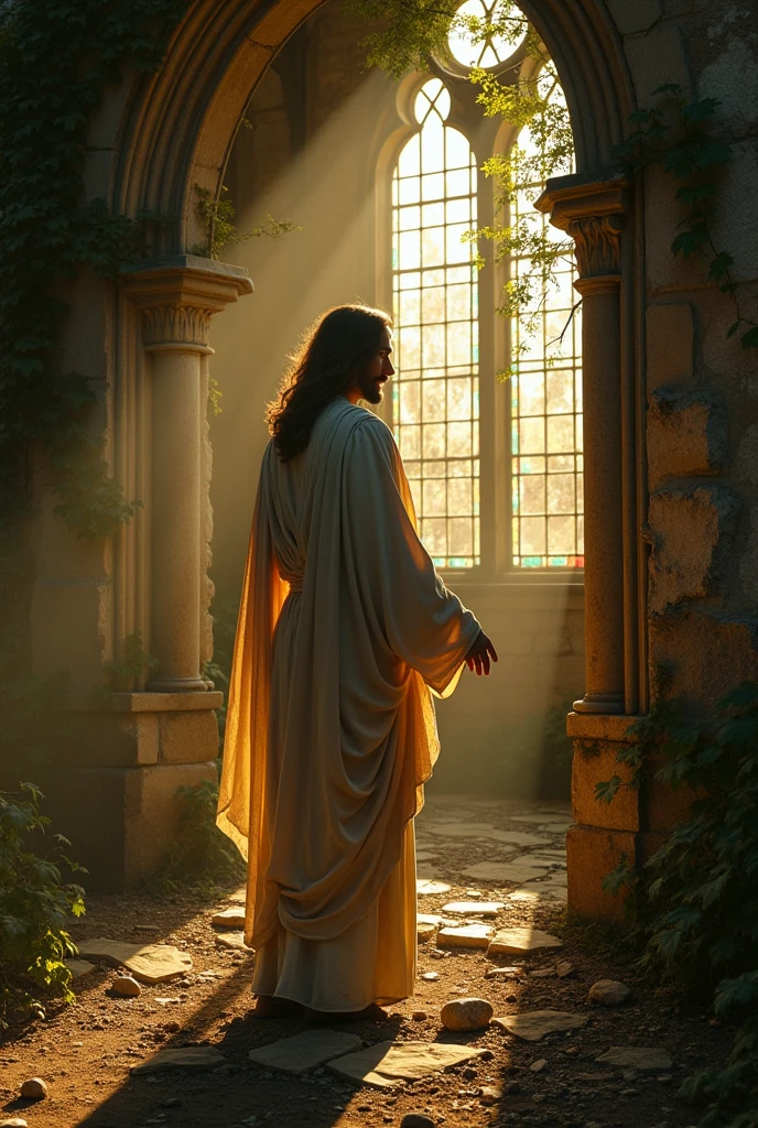 Jesus Christ in front of a deserted church 