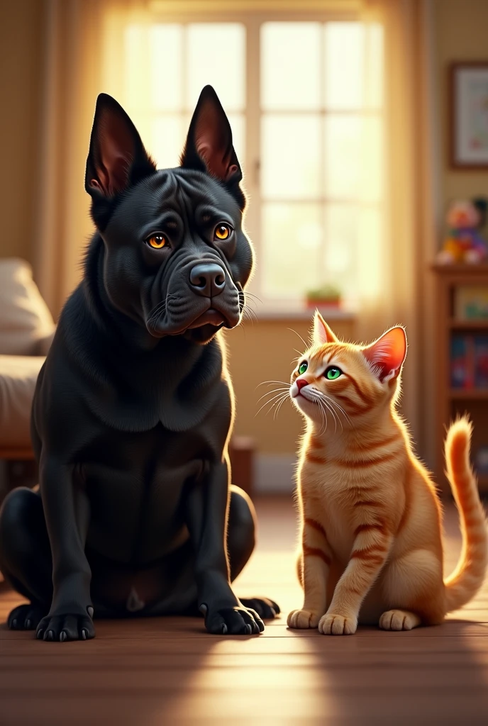 (photorealism:1.2), cat and dog, big black dog with amber eyes, golden cat with green eyes, grumpy, don't like each other.