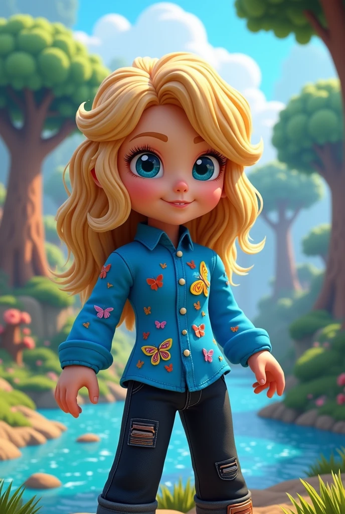 one ,Roblox,blue butterfly shirt,blond hair,blue eyes, black pants, big hair