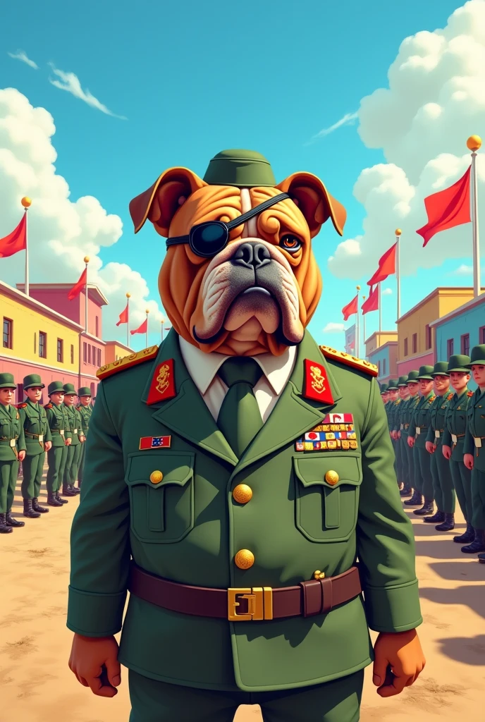 Prompt:
Create a 2D cartoon-style illustration of a stern brown bulldog dressed as a military colonel, in a military base setting. The scene should convey discipline and authority.
Scene Description:
Angle and Perspective:
Use a slightly low angle to emphasize the colonel’s authority.
Setting:
A military base or training ground with barracks, military vehicles, and flags.
Character:
Military Colonel (Bulldog): A stern brown bulldog with an eye patch, dressed in purple military attire.
Background Details:
Military Environment: Soldiers in uniform performing drills or training.
Action:
The colonel is standing with an authoritative posture, overseeing the military training.