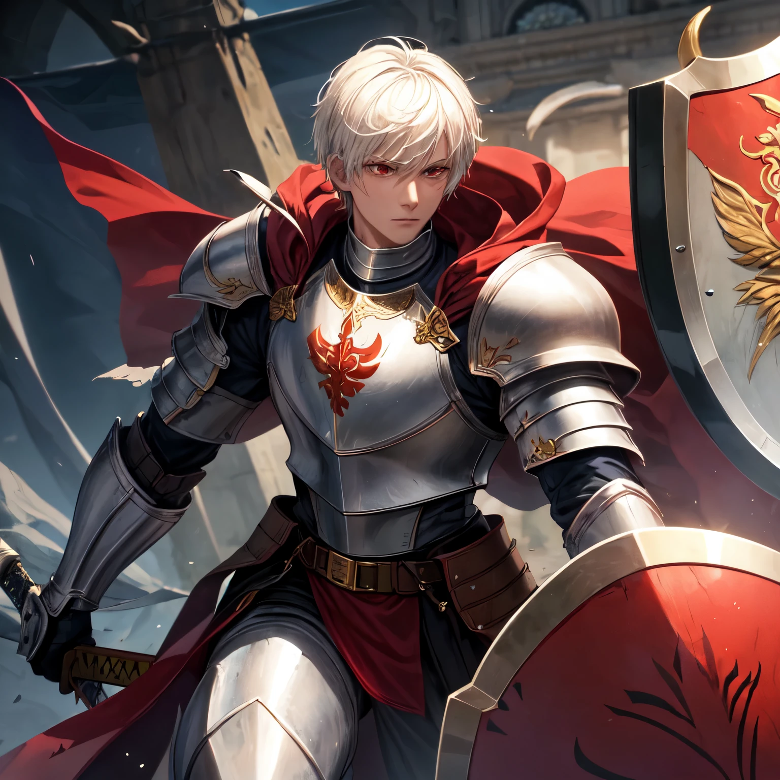 The man is a demon in human form with white short hair and red eyes in knight's armor with a shield and sword.