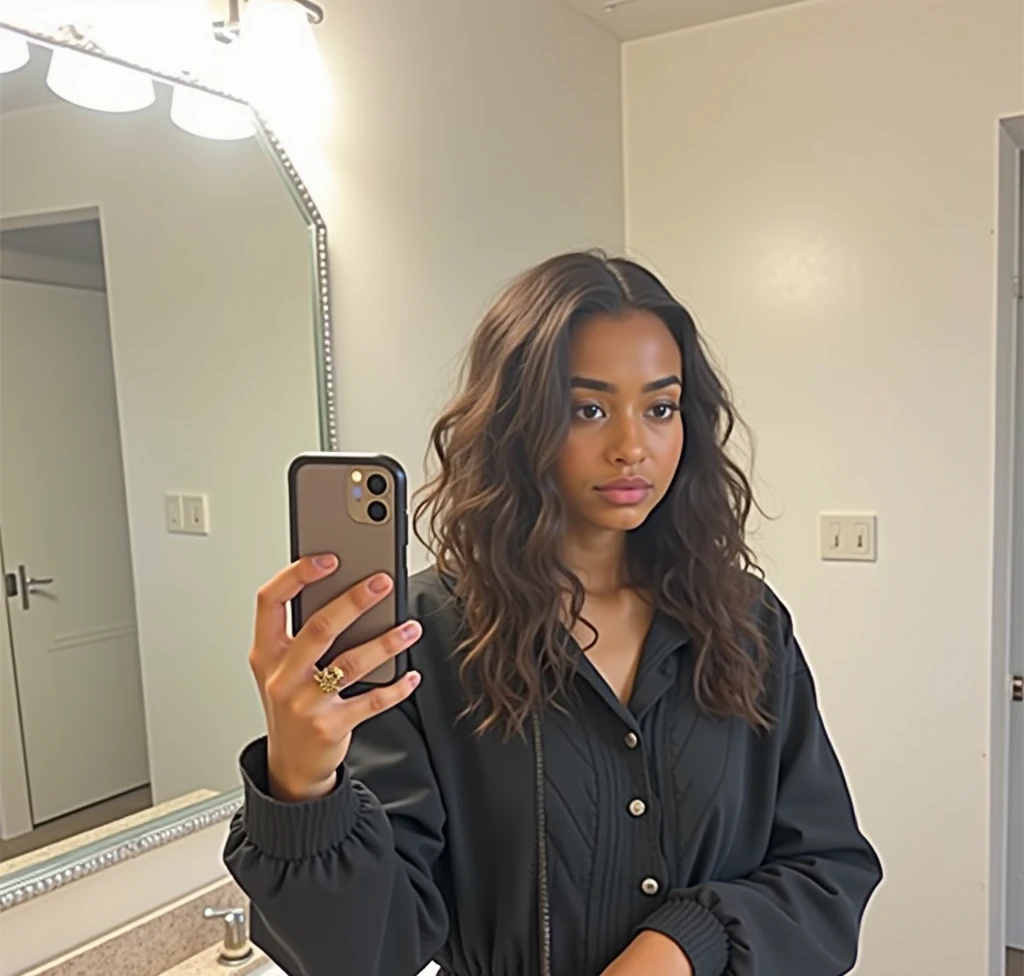 Ultra realistic and natural mirror selfie of a pretty cute 18 years old girl, brown skin, Curly hair medium volume, medium length hair, mid back, cute round face, perfect hands, perfect face, beautiful aesthetic