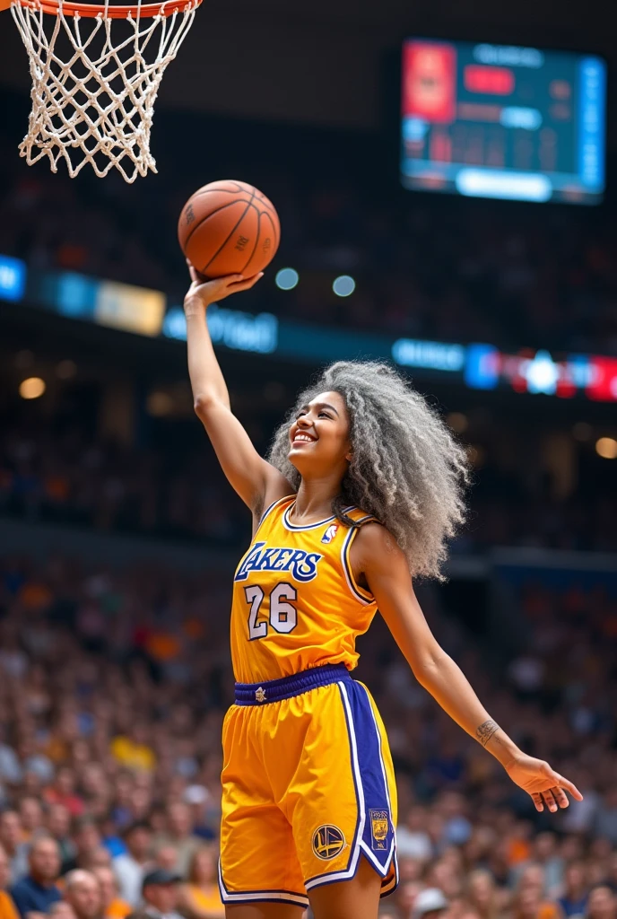 A beautiful youthful looking
American version of Ariana Grande as a 50 years old woman with very long hair completely gray hair in a long big curls styles as a retired
NBA player wearing her old NBA jersey shooting the ball in the basket in a nba stadium she is smiling for the camera