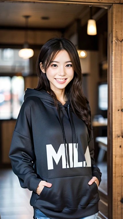 A Japanese milf, photo of one girl, Slender figure, Realistic teeth, wearing oversized hoodie, down hood, smile, full-body, masterpiece, best quality, detailed, beauty, Pub, indoor,