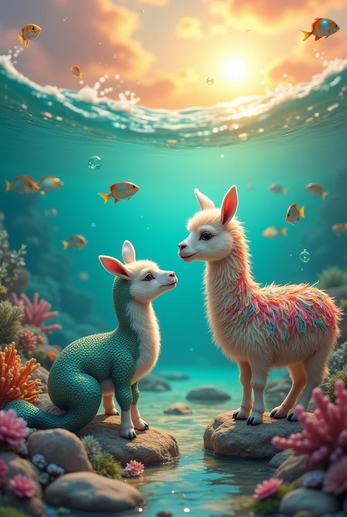Llama with fish and mermaid