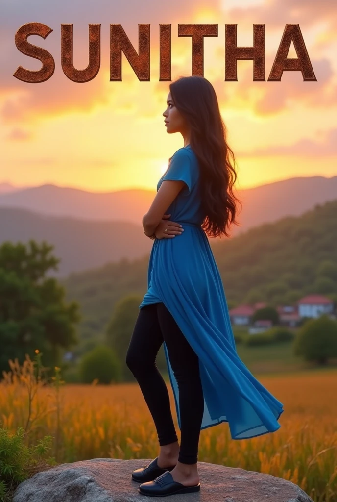 Beautiful cute short girl age 18 , stand on stone in middle of hills, have long hair wears metallic smart watch to her left hand and folds her right hand wears blue colour dress and black scarf and black colour legin pand and wears Black colour chappal and seeing left side and sky in sunset mood,in background village and trees and crops and House written SUNITHA name on the sky at her background with gold stylish metallic letters