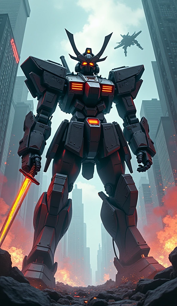 A towering mecha samurai, with massive robotic limbs and a glowing katana, standing in a battle-ready pose. The armor is a mix of traditional samurai design and advanced futuristic technology, with glowing circuits and mechanical joints. The backdrop is a war-torn futuristic city, with flying mechas and explosions in the distance, all rendered in a bold, action-packed anime style.