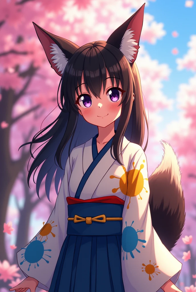 A young anime girl, about 5-4 , with black hair with brown highlights, eyes the color of night with purple and black fox ears and tail, wearing a white Japanese haori,blue, yellow and orange and with a kind and cheerful personality but with a bit of a cold and angry personality