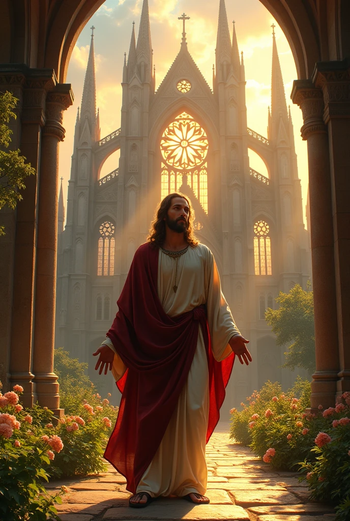 Jesus Christ in front of a cathedral