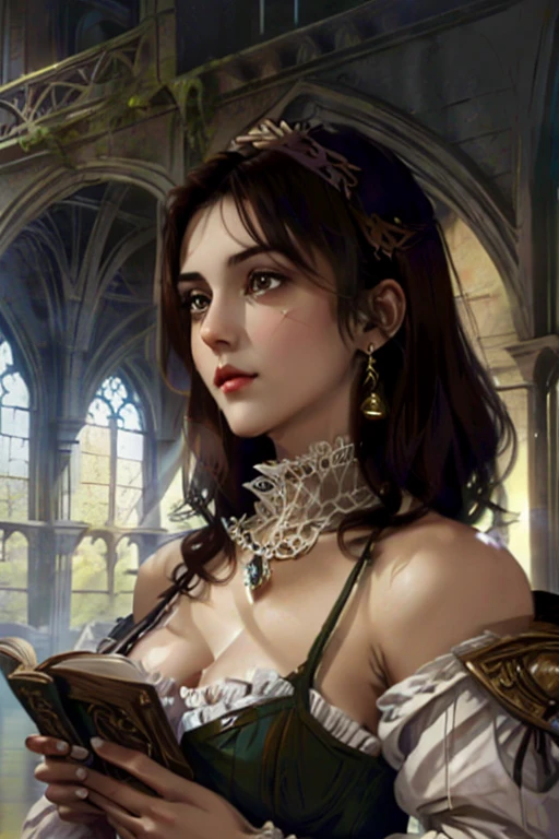 Beautiful European woman, wearing provincial medieval dress of the time; She is located in the atrium of a large library with a Gothic structure; She holds a book in her hands; clear daylighting; Her gaze has been captivated by her reading; woman with curly dark brown hair; eyes consumed by reading it; masterpiece; fine details in the woman; fine details in the woman's hands; fine details on the woman's face; cinematographic image