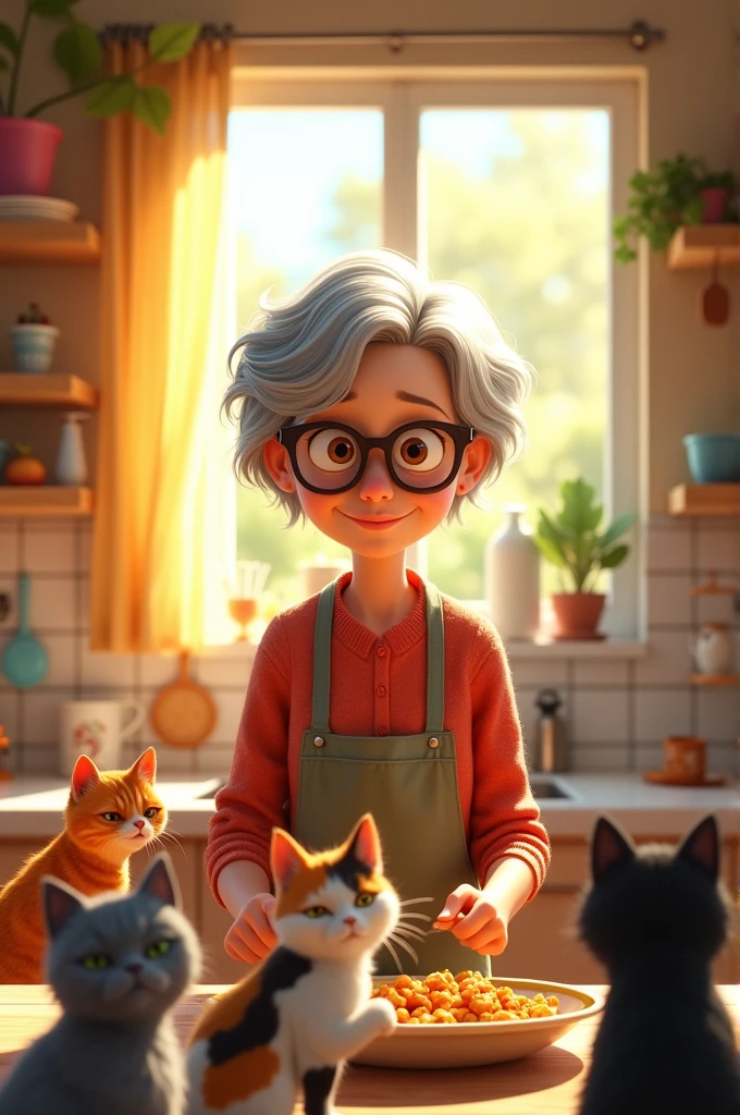 Create a Disney Pixar cover, Untitled, 3d animation. elderly woman, short gray hair, square face, Brown eyes and large square glasses. She's in the kitchen surrounded by six adult cats of different colors and is feeding them