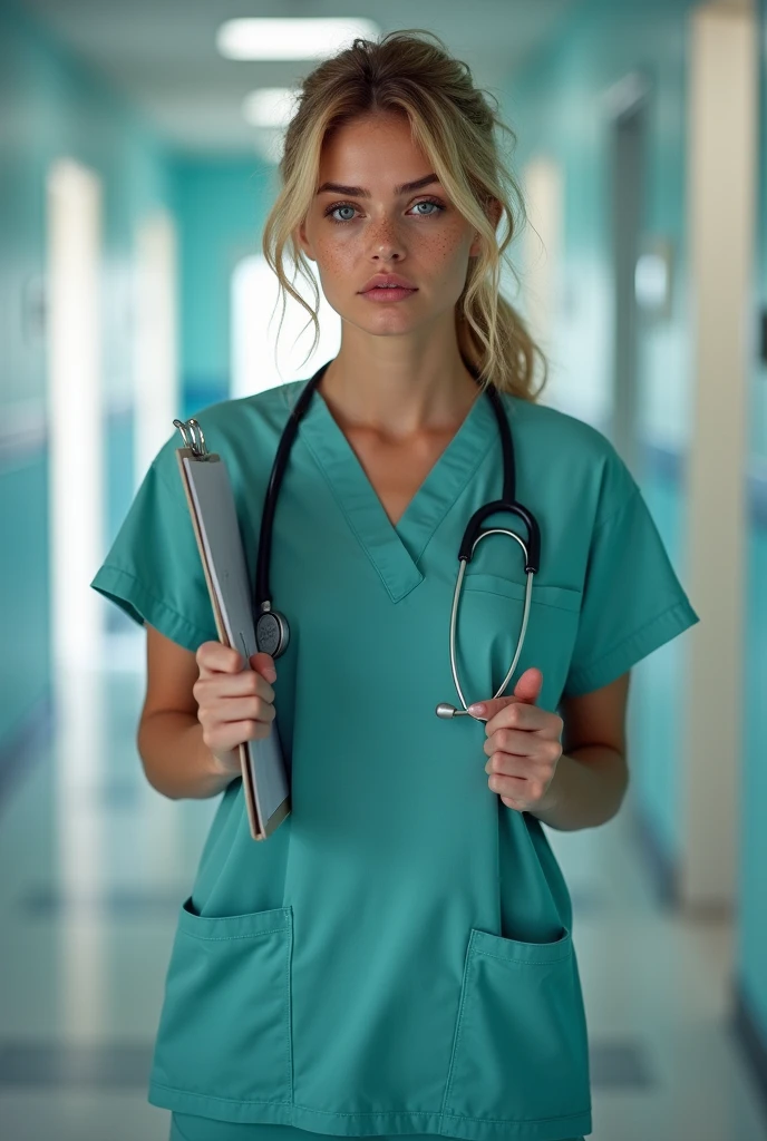Beautiful Slavic woman, athletic, messy hair, graceful, attractive, perfect breasts, perfect face, sexy, wavy blonde hair in a ponytail, blue eyes, freckles, high cheekbones, narrow hips, hospital scrubs uniform, long shirt, pants, clipboard, stethoscope, perfect hands, wristwatch, embarassed, erect breasts, big breasts, perfect areolas, perfect nipples, slightly swollen breast nipples, pinkish nipples and areolas
very perky breasts, titcup, (((naked pussy))), beautiful thighs, (((close-up, open mouth, pants down))), ((bottonless)), ((((undressed)))), (((nude))), no pants,
(((all fours, v arms))) in a hospital hallway,
ultra detailed face, beatiful face, Upscale: 2, hires: 20, Denoising: 0.3,