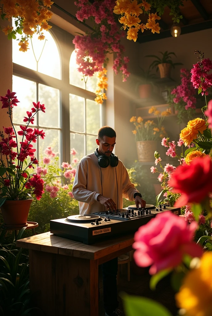 DJ playing in a flower shop named D TALLES ANDAHUAYLAS
