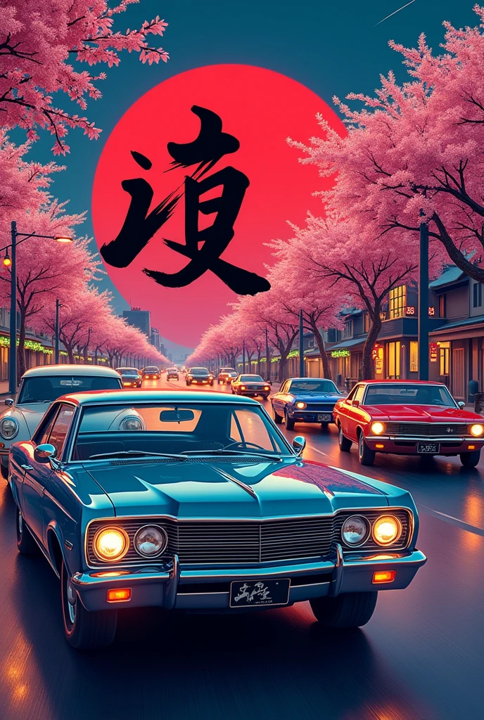 Make a music poster in retro car theme and write khamoshi word in dark heavy font in japan vibe with some japnese word KHAMOSHI 