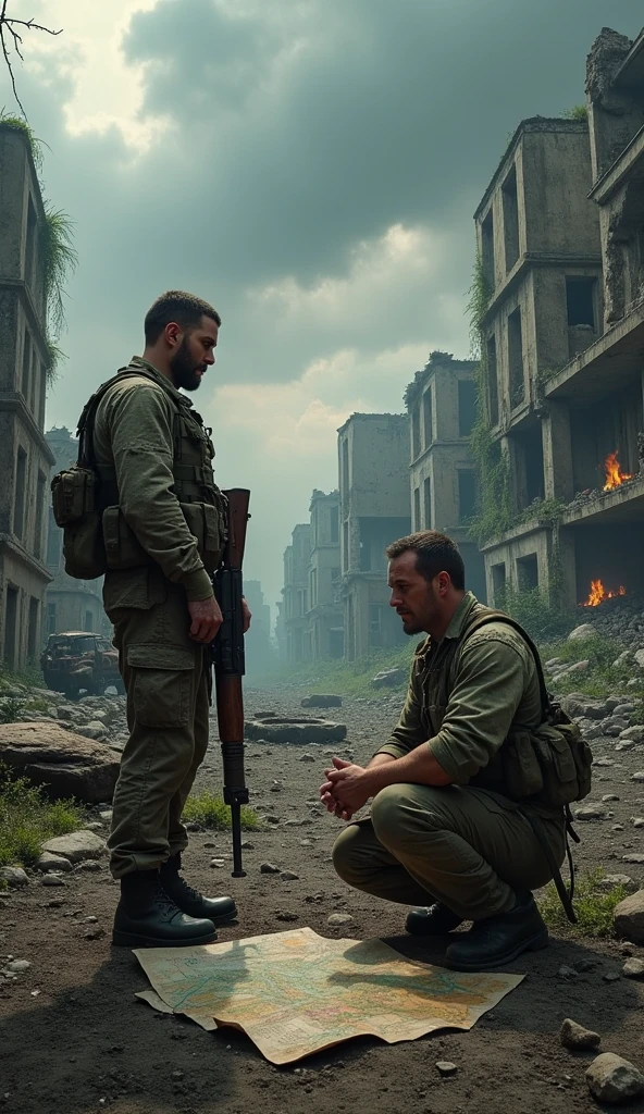 Two military soldiers in desolate survival terrain indicating their resilience in the face of the end of the world