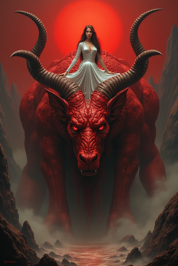 a woman sitting on a scarlet colored beast, that was full of blasphemous names, and had seven heads and ten horns.