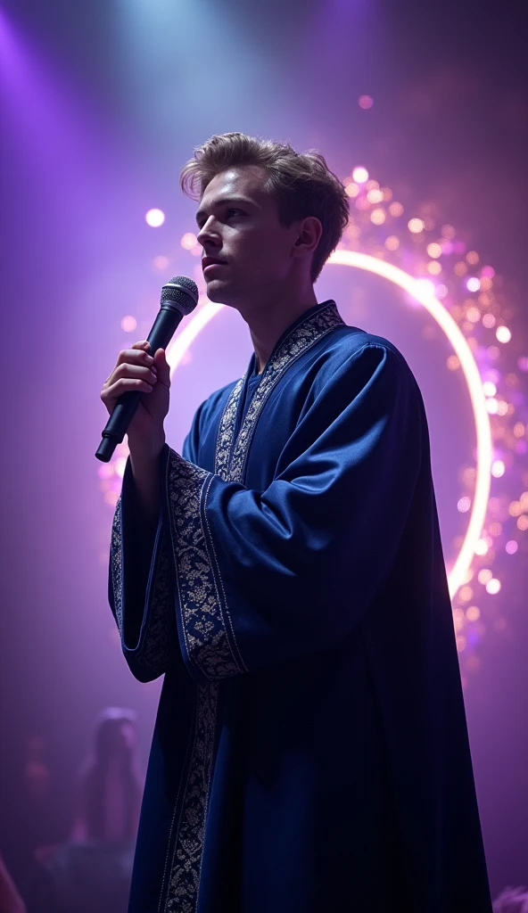 create a realistic, young and handsome wizard communicating with a microphone in hand on a stage, to convey depth and effects of light from a spiritual portal, refined wizard attire