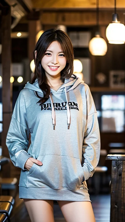 A Japanese milf, photo of one girl, Slender figure, Realistic teeth, wearing oversized hoodie, down hood, smile, full-body, masterpiece, best quality, detailed, beauty, Pub, indoor,