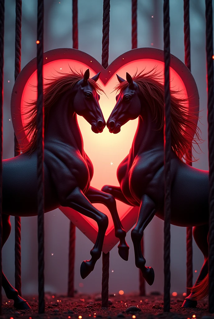 A heart surrounded by cells/bars and two horses facing each other inside the heart