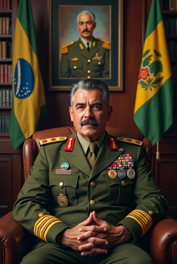 A realistic and detailed portrait of a Colonel of Roman descent in the Brazilian army, circa 40 years old., He has a very muscular and robust body big, with military black and gray hair on the sides, and a thin scar on his face like a mark of bravery, he has a mustache. He is wearing a high-ranking olive green uniform of the Brazilian Army officer, adorned with medals and decorations. The background features a Brazilian Army office, with books and flags of Brazil and the Integralist Blue flag, The wall also has a photo of 2 Brazilian dictators and a realistic coat of arms., which contributes to the atmosphere of authority and respect. The veteran is sitting in a comfortable armchair, Breathing wisdom and strength, and appears as a respected and esteemed leader