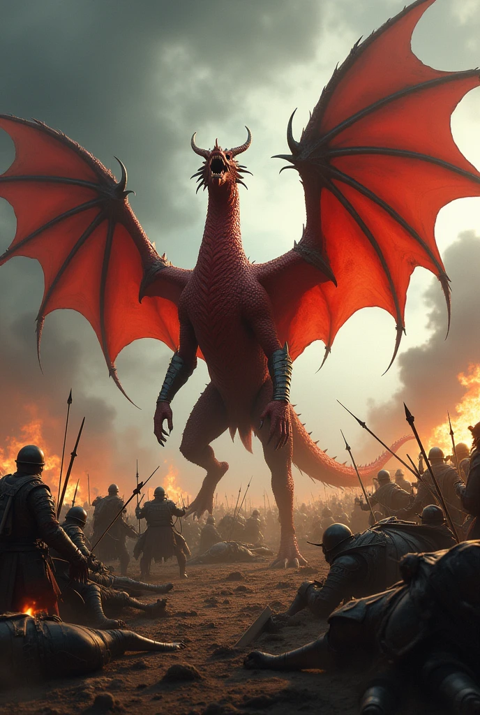 Wyvern (Two legs and two wings only, red and with a spiny neck) Meleys de house of the dragon em batalha. The battlefield should have fallen soldiers, horses, arrows, swords and the wyvern spewing fire.