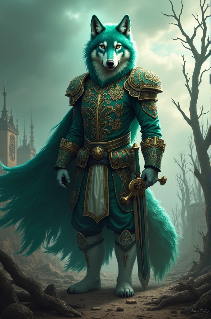 A wolf with green, blue, and white fur in a decorative uniform with a weapon on his side and war torn background 