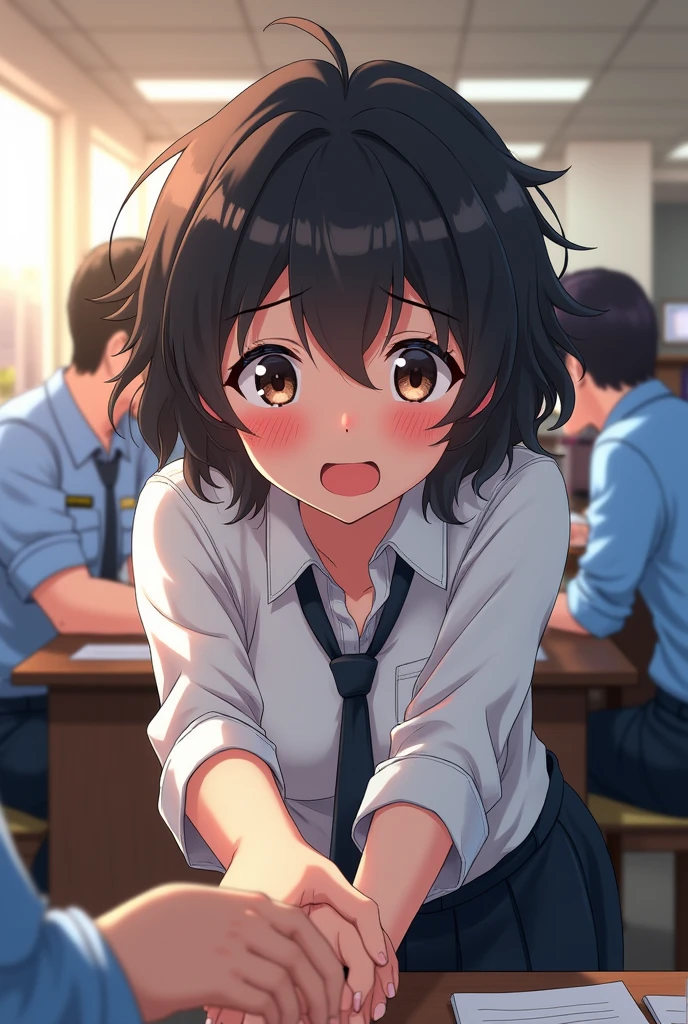 Anime girl with short curly black hair wearing a white dress shirt bending over embarrassed and mischievous and sly blushing with affiliative smile at camera and holding hands with somebody beyond the camera in an police office setting