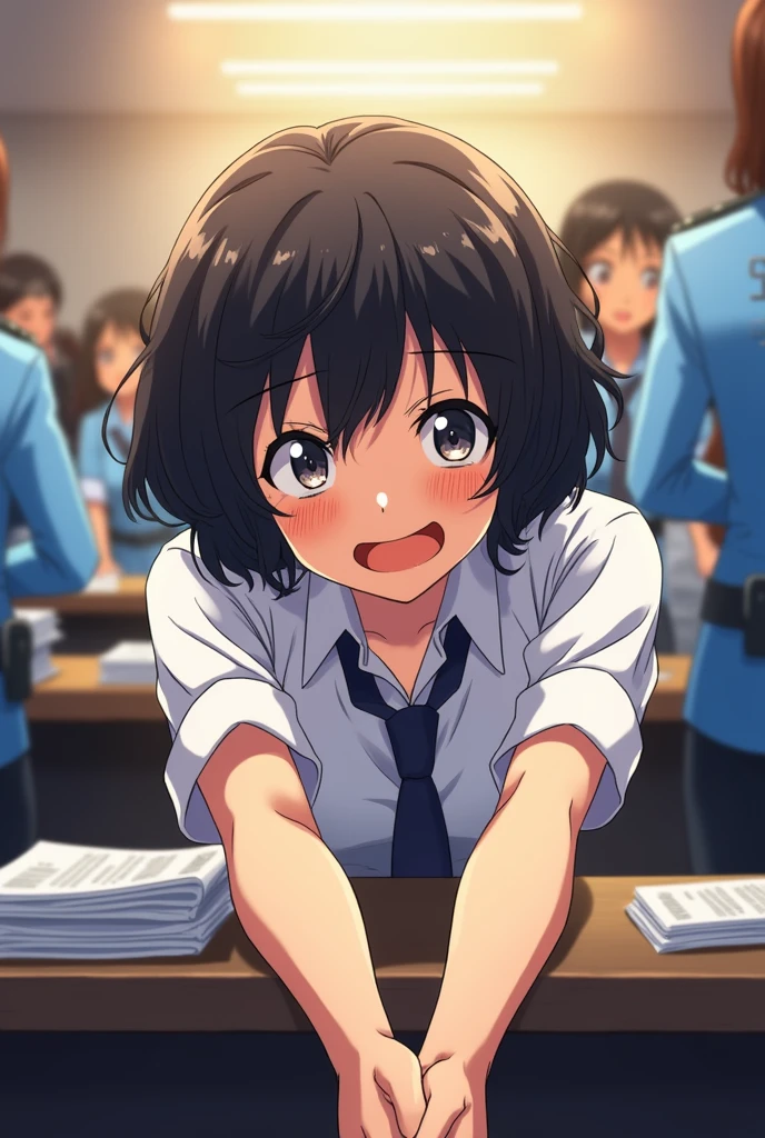 Anime girl with short curly black hair wearing a white dress shirt bending over embarrassed and mischievous and sly blushing with affiliative smile at camera and holding hands with somebody beyond the camera in an police office setting