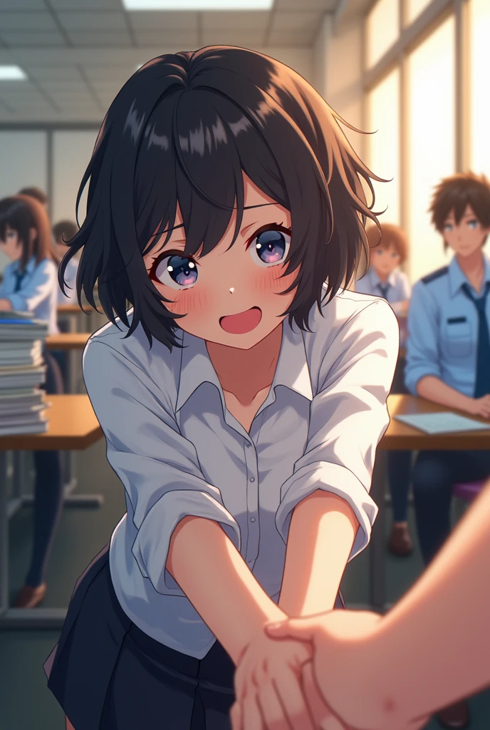 Anime girl with short curly black hair wearing a white dress shirt bending over embarrassed and mischievous and sly blushing with affiliative smile at camera and holding hands with somebody beyond the camera in an police office setting