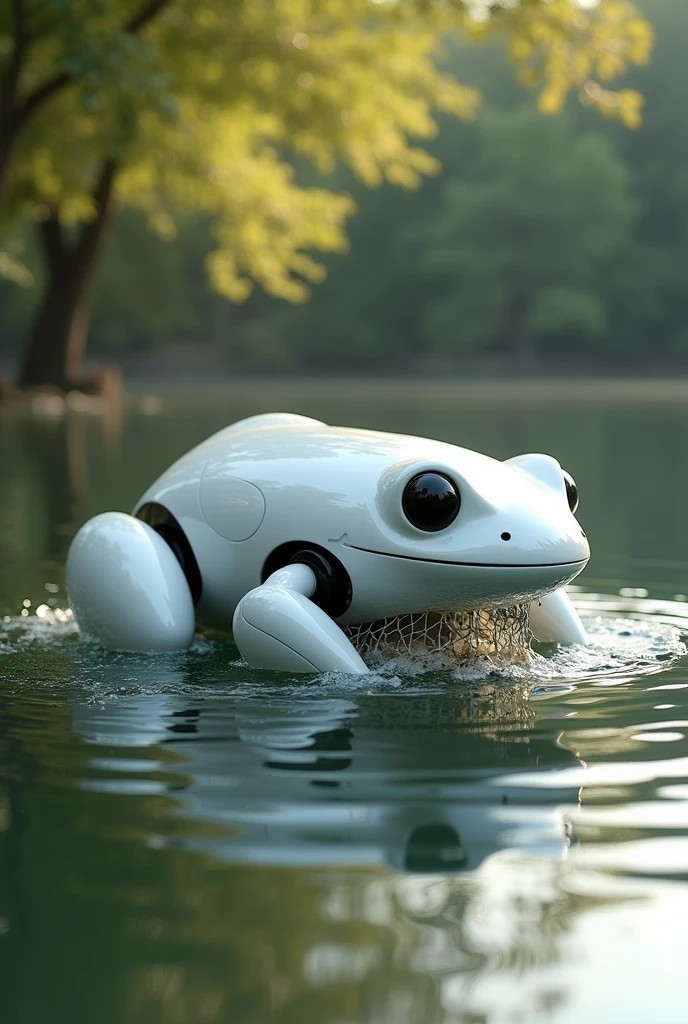An white colored frog robot that floats to eat the water surface garbage and collects the garbage in its belly to tail that is netted, also its four legs are four propellers