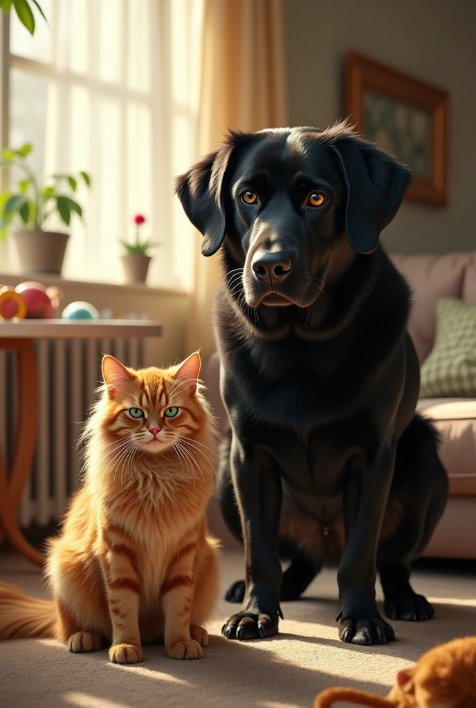 (photorealism:1.2), cat and dog, big black dog with amber eyes, golden cat with green eyes and long hairs, grumpy, don't like each other.