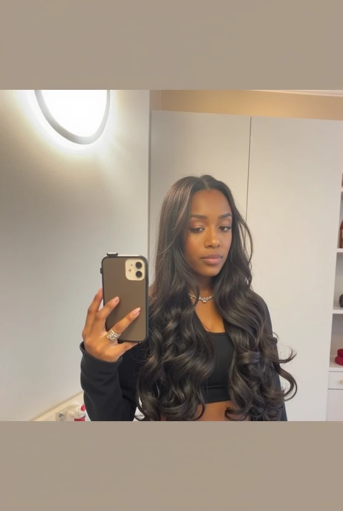 Ultra realistic and natural mirror selfie of a pretty cute 18 years old girl, brown skin, Curly hair medium volume, medium length hair, mid back, cute round face, perfect hands, perfect face, beautiful aesthetic, hyper real, simple, bad quality