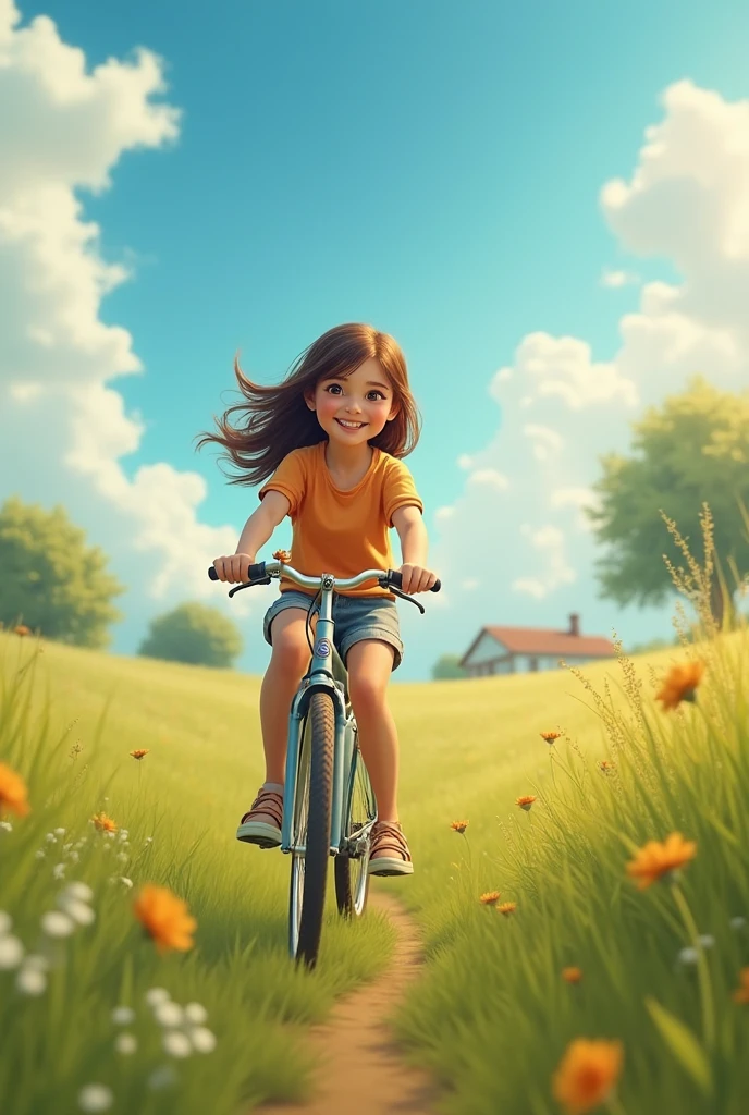 a girl riding a bicycle through a peaceful countryside, beautiful detailed eyes, beautiful detailed lips, extremely detailed eyes and face, long eyelashes, adorable expression, casual clothing, outdoor scene, lush green meadows, blue sky with fluffy white clouds, golden sunlight, intricate details, photorealistic, 8k, highly detailed, vivid colors, natural lighting, studio lighting, cinematic, masterpiece, digital painting