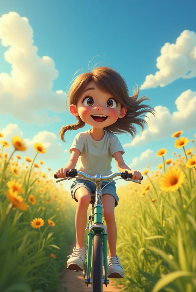 a girl riding a bicycle through a peaceful countryside, beautiful detailed eyes, beautiful detailed lips, extremely detailed eyes and face, long eyelashes, adorable expression, casual clothing, outdoor scene, lush green meadows, blue sky with fluffy white clouds, golden sunlight, intricate details, photorealistic, 8k, highly detailed, vivid colors, natural lighting, studio lighting, cinematic, masterpiece, digital painting