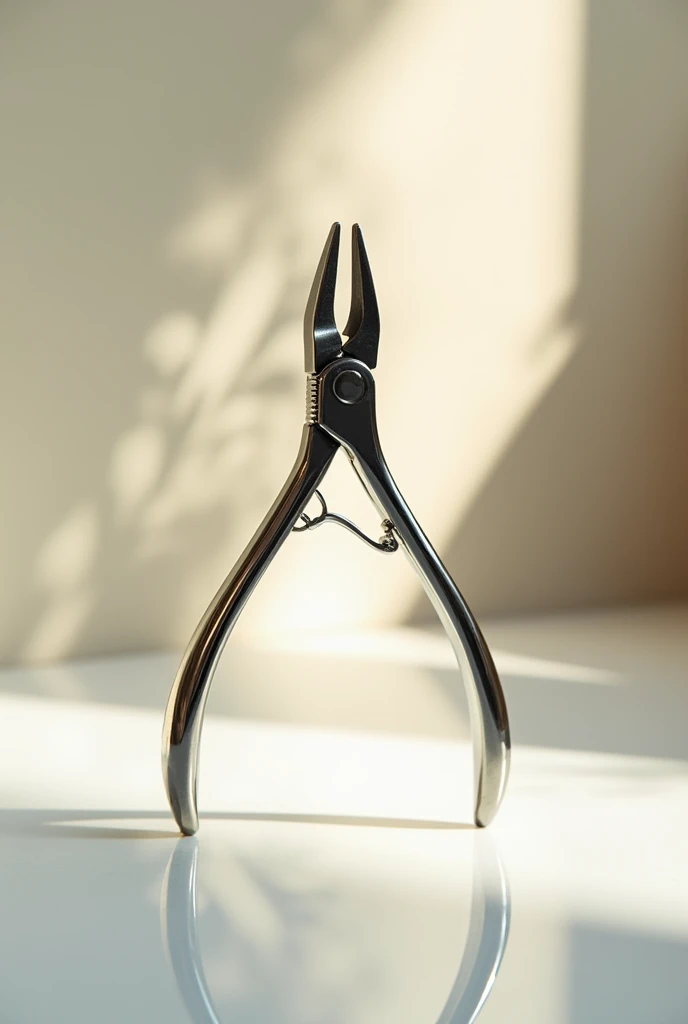 Cuticle nippers, slightly angled and showing from tip to tail emphasizing the very sharp blades