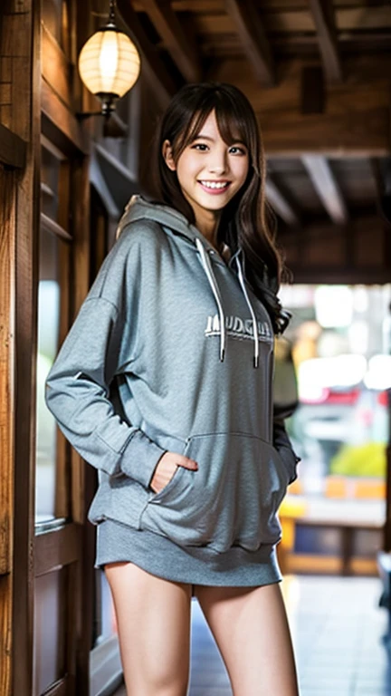 A Japanese milf, photo of one girl, Slender figure, Realistic teeth, wearing oversized hoodie, down hood, smile, full-body, masterpiece, best quality, detailed, beauty, Pub, indoor,