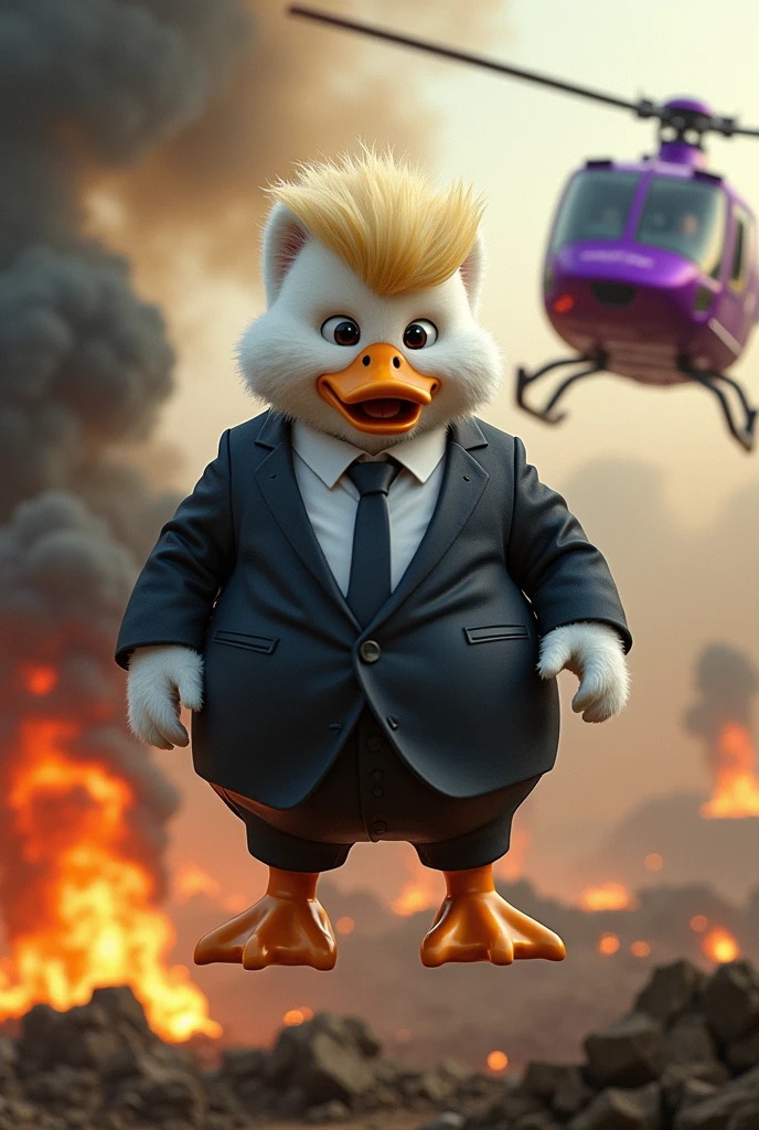 Mafia white soft fur skin duck with hairstyle of donald trump wearing suit and pant sitting on the side of a purple helicopter in the air, battlefield backgrond, fire everywhere