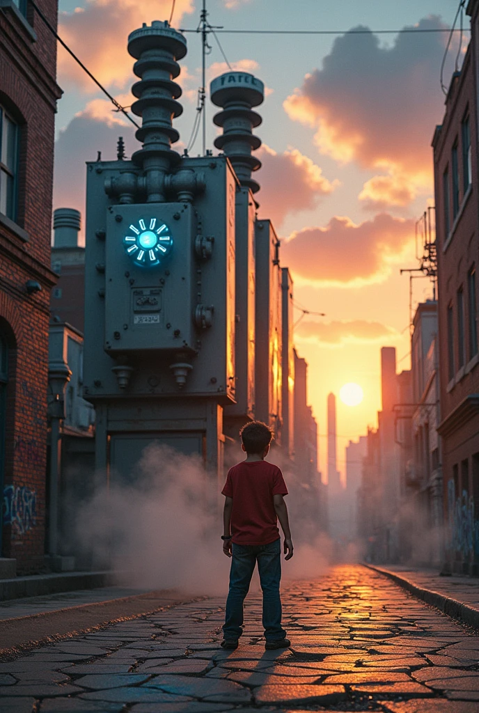 A boy stand in ground and his back side stand transformer,