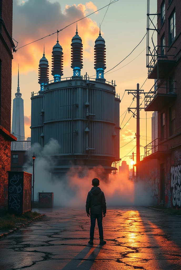 A boy stand in ground and his back side stand transformer,