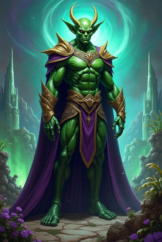 Create an entrancing visual representation of a male magical green goblin, adorned in purple robes intricately embellished with stars and crescent moons. The goblin's pointed hat, a symbol of his mystical powers, sits atop his head, elongating his features in an enchanting way. With emerald-green skin and glowing eyes, his magical presence radiates an ethereal aura, bringing an otherworldly allure to the scene. Illustrated in hyperdetailed digital art style, every curve and wrinkle on his green, textured skin is captured in stunning detail. The image is set against a mid-night backdrop, further enhancing