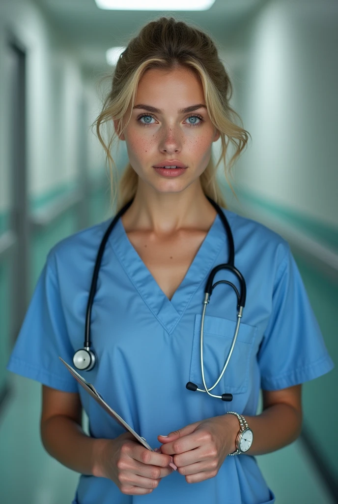 Beautiful Slavic woman, athletic, messy hair, graceful, attractive, perfect breasts, perfect face, sexy, wavy blonde hair in a ponytail, blue eyes, freckles, high cheekbones, narrow hips, hospital scrubs uniform, long shirt, pants, clipboard, stethoscope, perfect hands, wristwatch, embarassed, erect breasts, big breasts, perfect areolas, perfect nipples, slightly swollen breast nipples, pinkish nipples and areolas
very perky breasts, titcup, (((naked pussy))), beautiful thighs, (((close-up, open mouth, pants down))), ((bottonless)), ((((undressed)))), (((nude))), no pants,
(((all fours, v arms))) in a hospital hallway,
ultra detailed face, beatiful face, Upscale: 2, hires: 20, Denoising: 0.3,