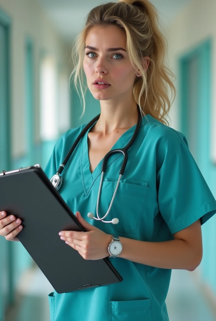 Beautiful Slavic woman, athletic, messy hair, graceful, attractive, perfect breasts, perfect face, sexy, wavy blonde hair in a ponytail, blue eyes, freckles, high cheekbones, narrow hips, hospital scrubs uniform, long shirt, pants, clipboard, stethoscope, perfect hands, wristwatch, embarassed, erect breasts, big breasts, perfect areolas, perfect nipples, slightly swollen breast nipples, pinkish nipples and areolas
very perky breasts, titcup, (((naked pussy))), beautiful thighs, (((close-up, open mouth, pants down))), ((bottonless)), ((((undressed)))), (((nude))), no pants,
(((all fours, v arms))) in a hospital hallway,
ultra detailed face, beatiful face, Upscale: 2, hires: 20, Denoising: 0.3,