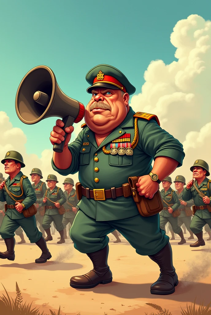 Prompt:
Create a 2D cartoon-style illustration of the bulldog colonel barking orders through a megaphone. The scene should be intense and reflect a demanding military environment.
Scene Description:
Angle and Perspective:
Use a frontal view to capture the intensity of the scene.
Setting:
The same military training field with soldiers engaged in drills.
Character:
Military Colonel (Bulldog): Using a megaphone, barking orders with a stern expression.
Background Details:
Soldiers: Tired and sweating, marching or performing training exercises.
Action:
The colonel is actively giving orders, while the soldiers are working under strict supervision.