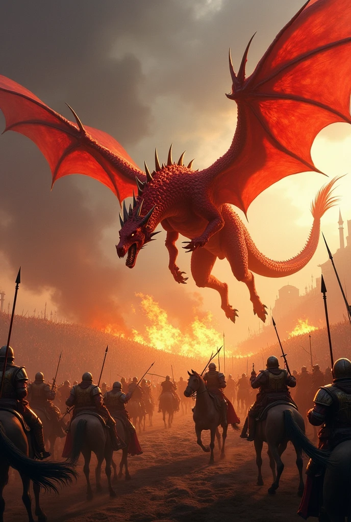 Wyvern (red and with a spiny neck) Meleys de house of the dragon em batalha cuspindo fogo. The battlefield should have fallen soldiers, horses, arrows, swords.