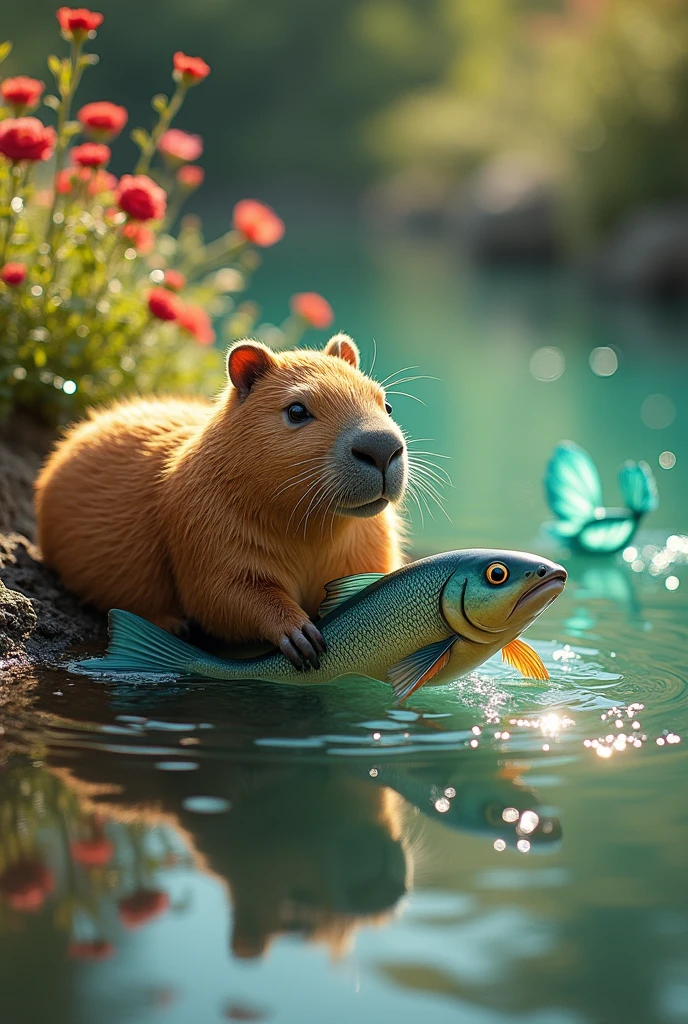 Capybara with fish and mermaid